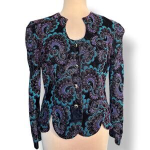 Vintage Velvet Paisley Jacket Black Teal Purple Button Front Scalloped Hem 12